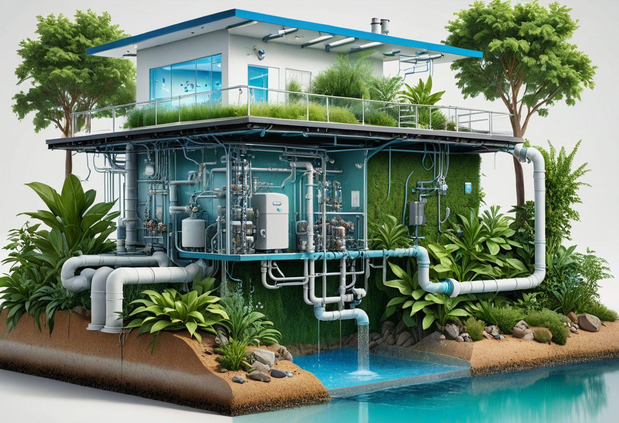 An intricate cross-section of a home and industrial filtration system showcasing various stages of water purification, with clear visual elements like filters, pipes, and flowing water. Include a backdrop of nature symbols like plants and clean water to emphasize purity. The color palette should be refreshing with blues and greens, suggesting cleanliness and environmental sustainability. Add scientific diagrams for a technical touch. super-realistic. vibrant colors. white background.