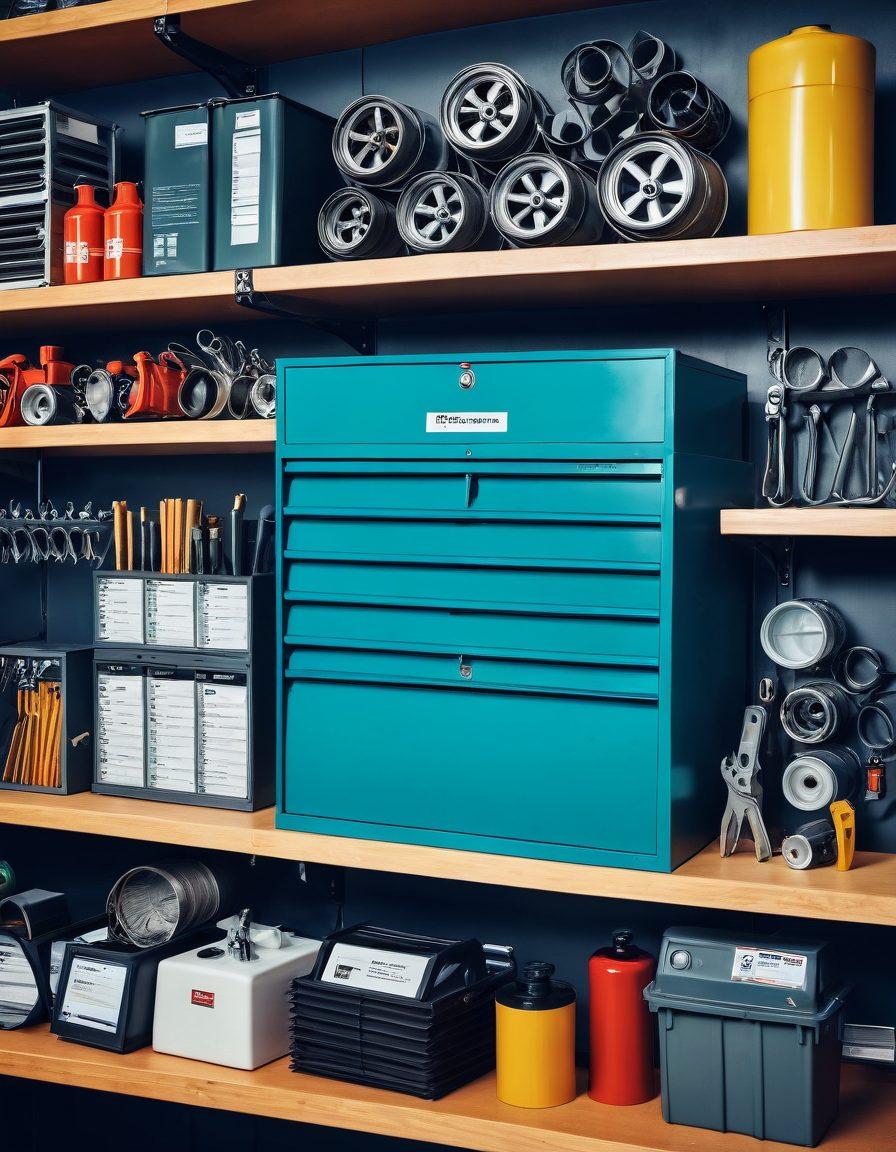 A collage showcasing various filter types (air, water, and oil filters) being maintained and installed in an organized workshop. Include tools like wrenches and pliers, alongside a checklist with efficiency tips visibly noted. Use vibrant colors to highlight the contrast between clean and dirty filters. The background should be bright and inviting, encouraging a sense of order and diligence. 3D. vibrant colors.