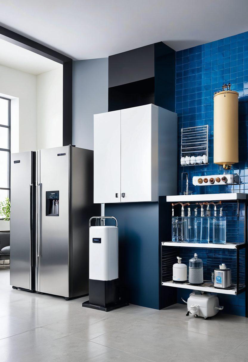 An intricate collage showcasing various advanced filtration systems, including water purifiers, air filters, and industrial filtration units. The background features a split design: one side represents a modern home environment and the other an industrial setting. Emphasize clarity and detail in the filters' components. Incorporate labeled arrows highlighting key features, all set against a clean, professional backdrop. hyper-realistic. vibrant colors. white background.